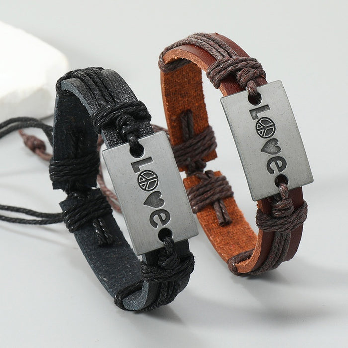 Vintage Braided Cowhide Leather Bracelet Adjustable European American Fashion Cross Border Accessory
