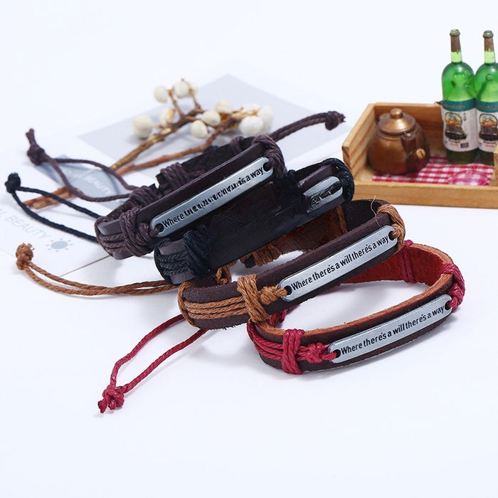Vintage Alloy Where There Is A Will There Is A Way Letter Charm Braided Cowhide Leather Bracelet