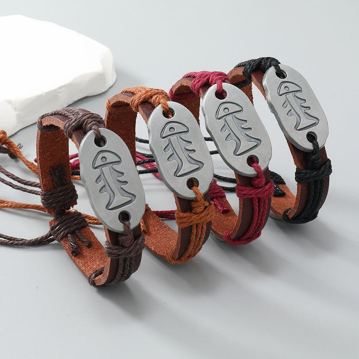 Handmade Braided Vintage Leather Bracelet With Fishbone Charm Nautical Style Wristband