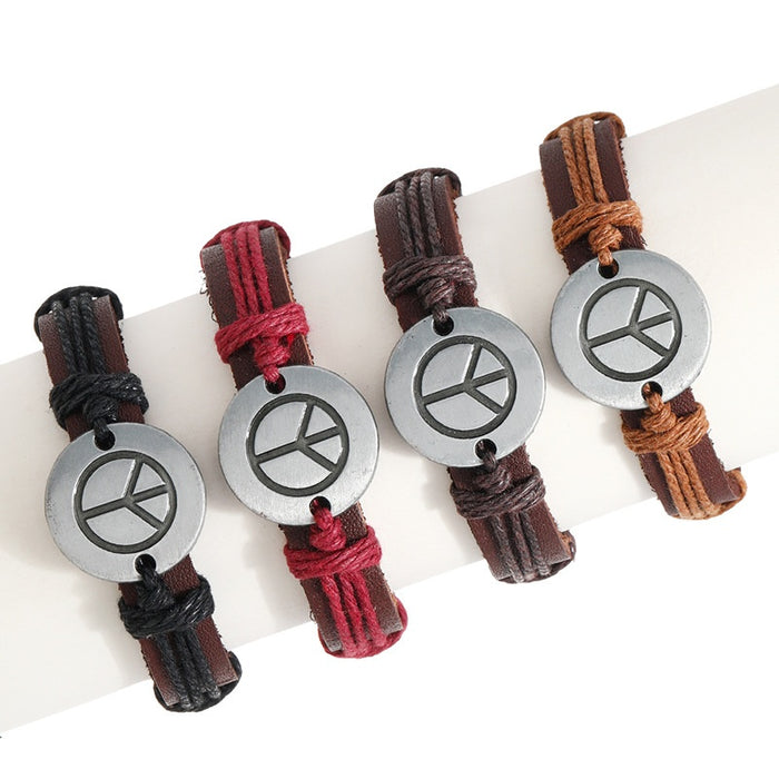 Braided Vintage Cowhide Leather Bracelet With Peace Sign, Simple Men's Wrist Jewelry