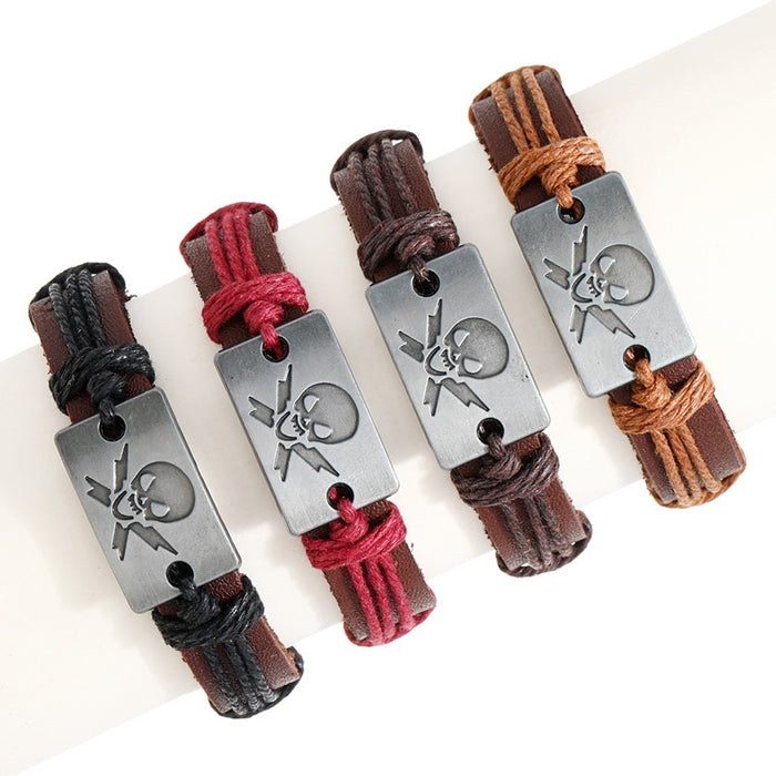 Vintage Braided Cowhide Leather Bracelet With Skull Charm Trendy Couples Accessory