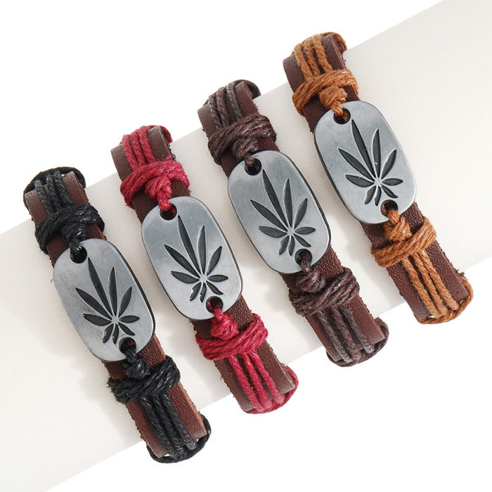 Punk Style Handmade Braided Maple Leaf Genuine Leather Bracelet Adjustable Vintage Wrist Jewelry