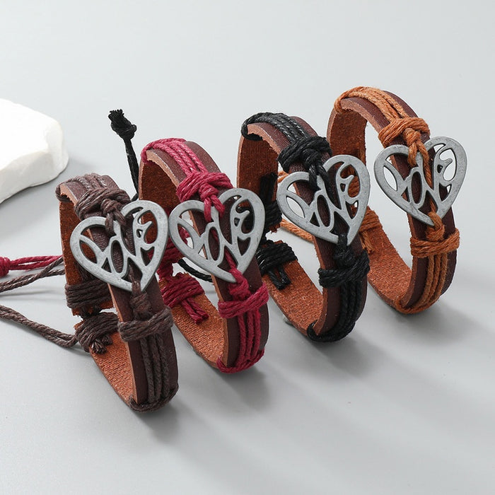 Handmade Braided Vintage Leather Bracelet With Alloy Heart Charm For Couples Jewelry