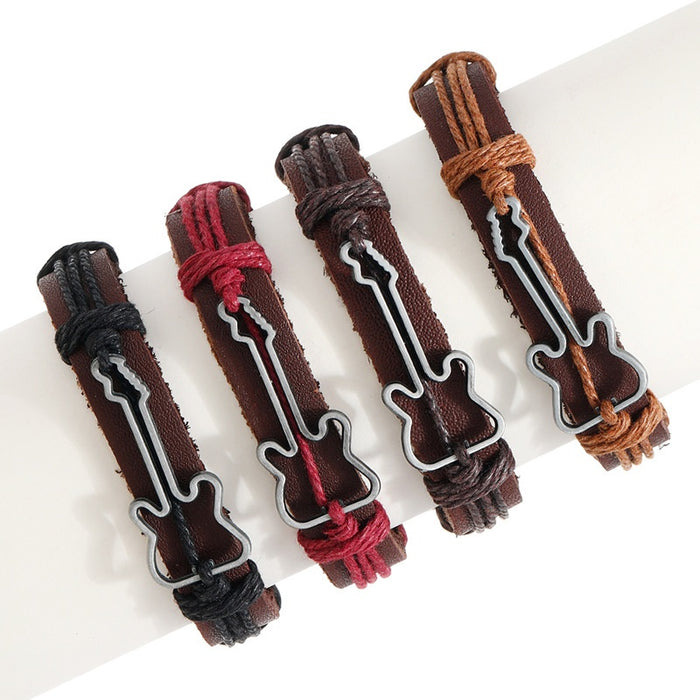 Vintage Guitar Cowhide Leather Bracelet With Hemp Rope Braided Music Festival Men's Wristband