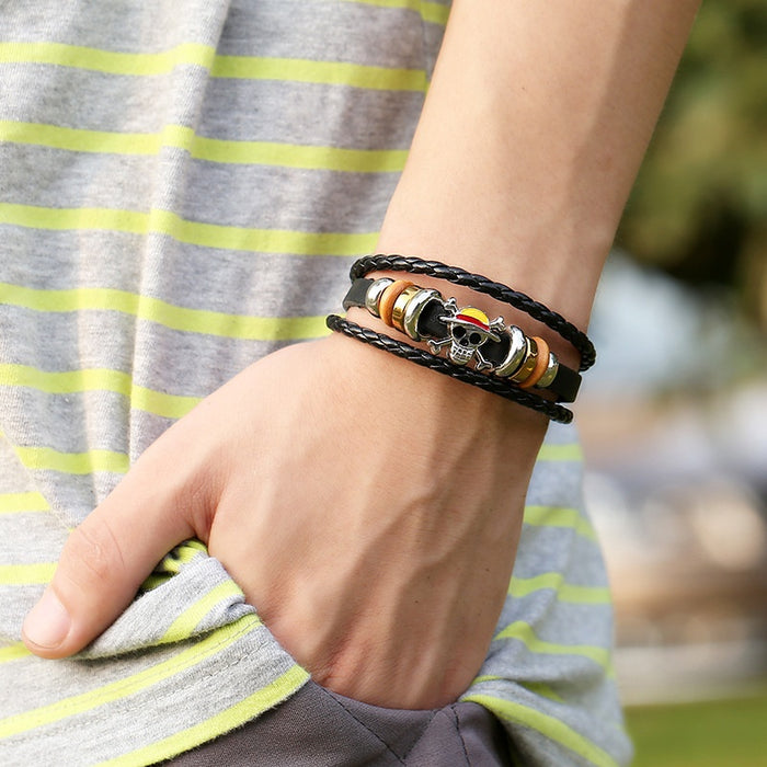 Punk Braided Genuine Leather Multi Layer Bracelet With Skull Buckle For Men And Women