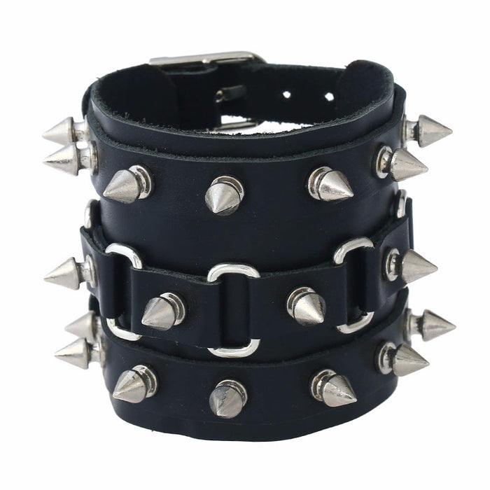 European American Punk Genuine Cowhide Leather Bracelet With Cone Spike Rivets