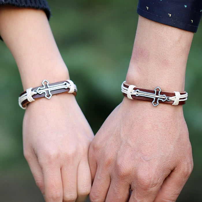 European American Vintage Cowhide Bracelet Alloy Cross Genuine Leather Jewelry Bracelet