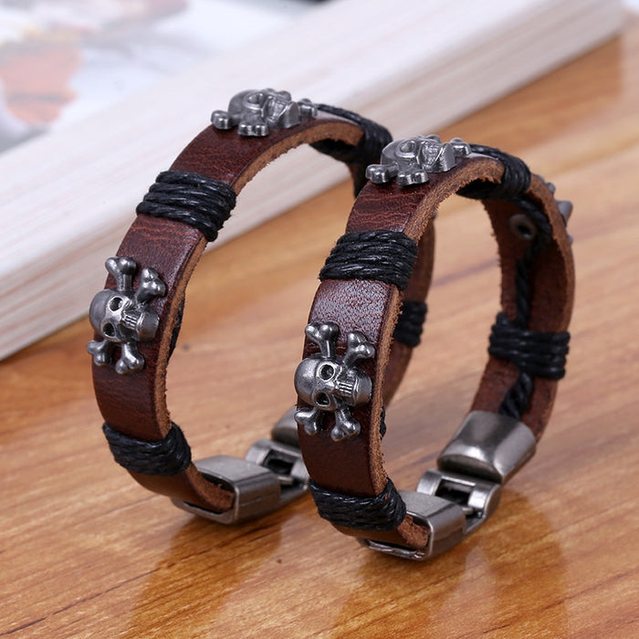 European American Vintage Genuine Leather Bracelet With Alloy Skull Charm For