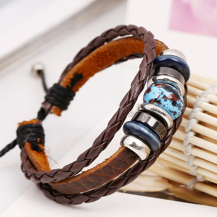 Punk Vintage Genuine Cowhide Leather Bracelet With Beads And Magnetic Beads For