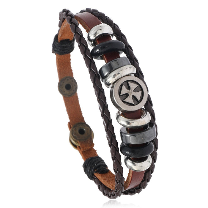 Minimalist Creative Cross Beaded Leather Bracelet European American Vintage Braided Bangle