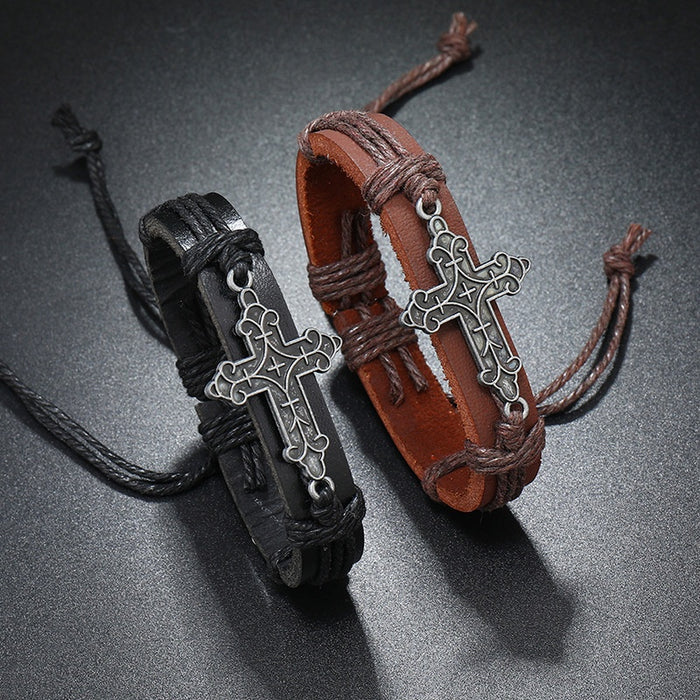 Adjustable Braided Cowhide Leather Cross Bracelet, Vintage Unisex Fashion Wristband
