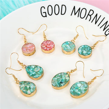 Gold Tone Shell Chip Long Hook Earrings in Four Geometric Shapes