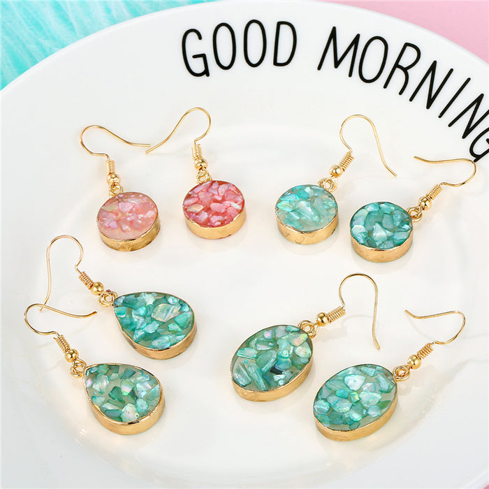 Gold Tone Shell Chip Long Hook Earrings in Four Geometric Shapes