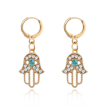 Crystal Hamsa Huggie Drop Earrings in Gold or Silver Tone