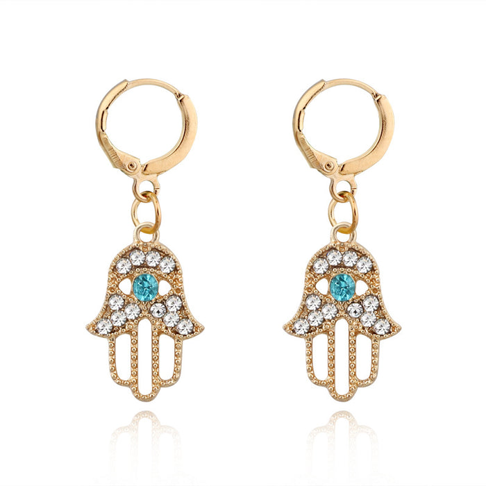 Crystal Hamsa Huggie Drop Earrings in Gold or Silver Tone