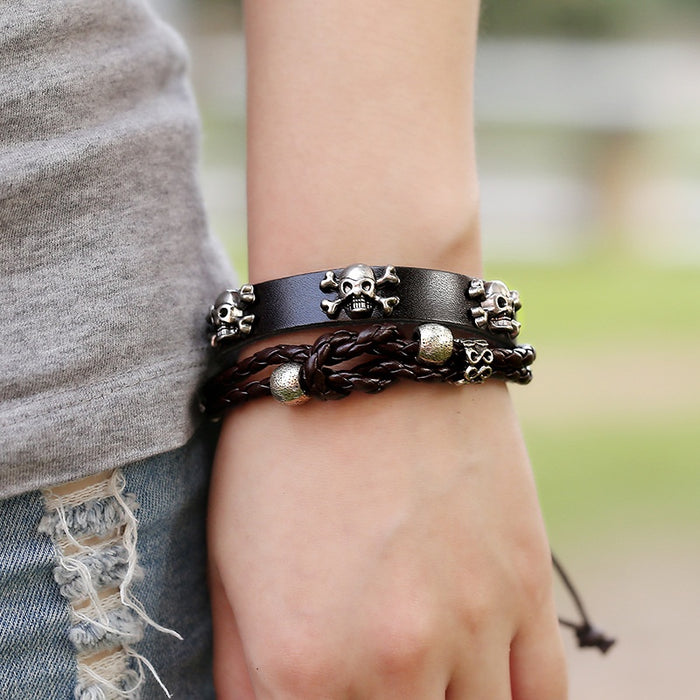 European American Punk Skull Beaded Genuine Leather Bracelet Braided Cowhide Wristband