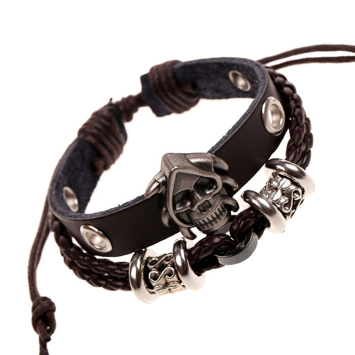European American Beaded Cowhide Leather Bracelet Punk Skull Head Braided Wristband