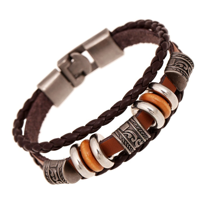Simple Handmade Beaded Multilayer Leather Bracelet For Men, European Fashion Wrist Jewelry