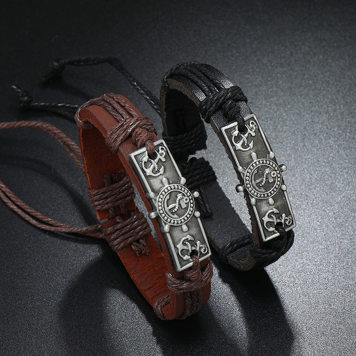 Creative Alloy Anchor Genuine Leather Bracelet Handmade Braided Nautical Style Wristband
