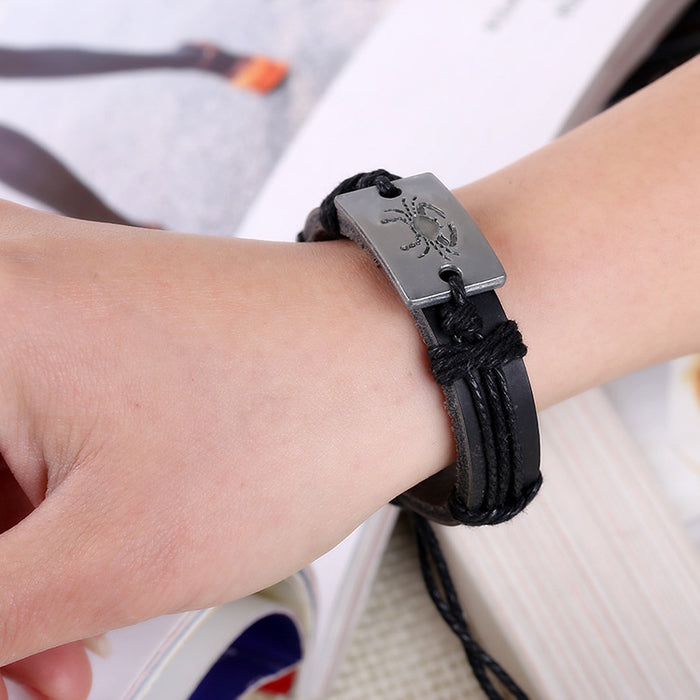 Black Genuine Cowhide Leather 12 Zodiac Bracelet Birthday Gift Adjustable Wristband Set
