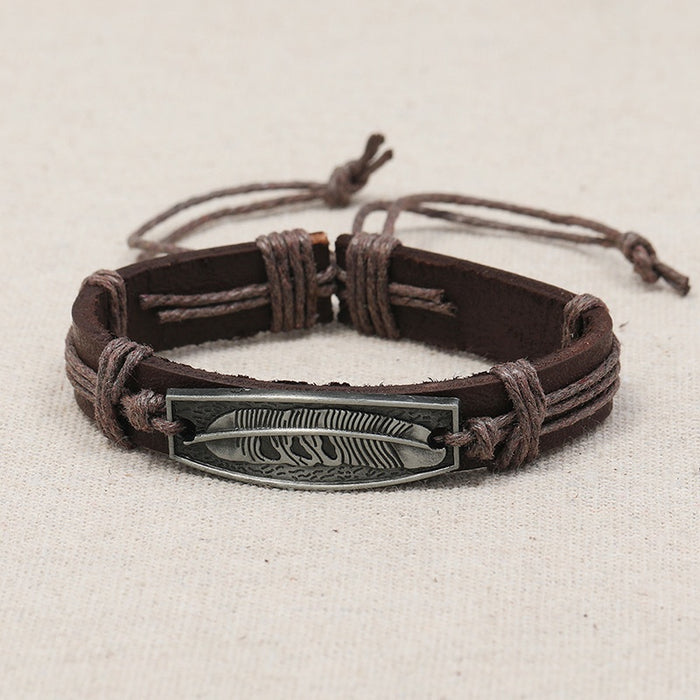 Punk Vintage Braided Cowhide Leather Bracelet With Alloy Feather Men's Wrist Jewelry