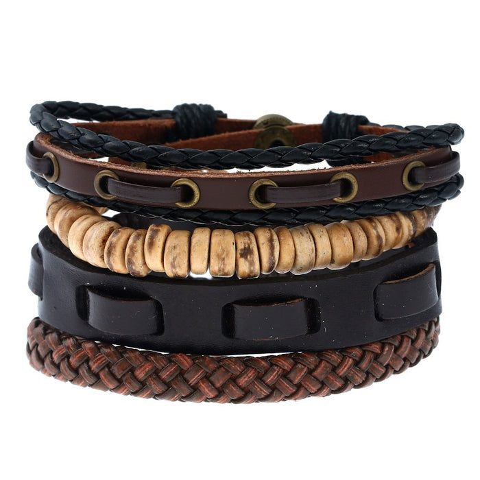 European American Vintage Braided Cowhide Leather Bracelet Set For Men's Jewelry