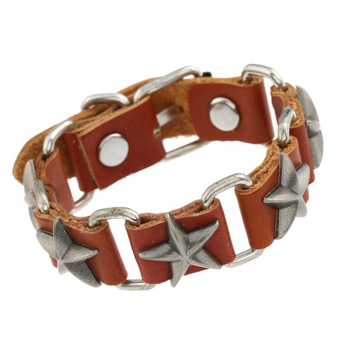 European American Punk Five Point Star Cowhide Leather Bracelet Rock Street Men's Wristband