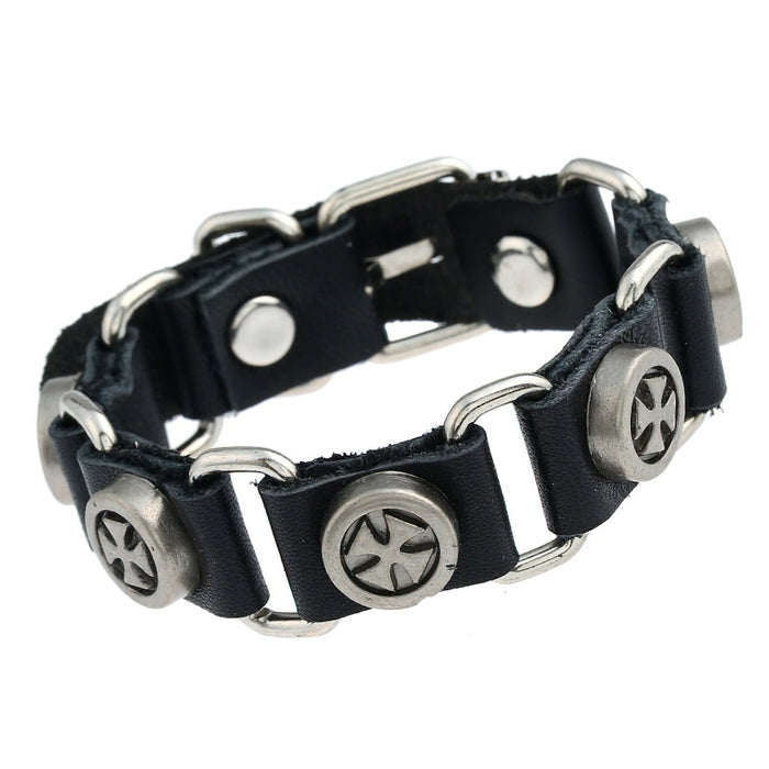 European Punk Cowhide Link Bracelet With Cross Charm, Trendy Street Style Men's Leather Wristband