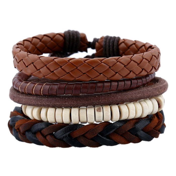 Vintage Braided Cowhide Leather Bracelet DIY 4 Piece Set For Men's Cross Border Jewelry