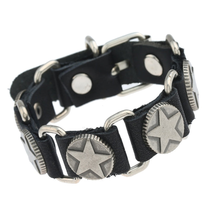 Simple Five Point Star Punk Cowhide Leather Bracelet Rock Street Style Mens Wristband