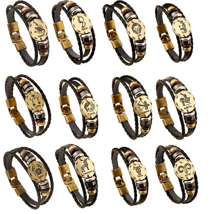 Twelve Zodiac Genuine Leather Bracelet, Multilayer Braided Vintage Couple Wristband Bangle