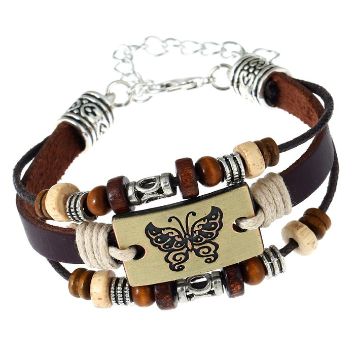 European Punk Handmade Beaded Cowhide Bracelet With Antique Bronze Alloy Butterfly Charm