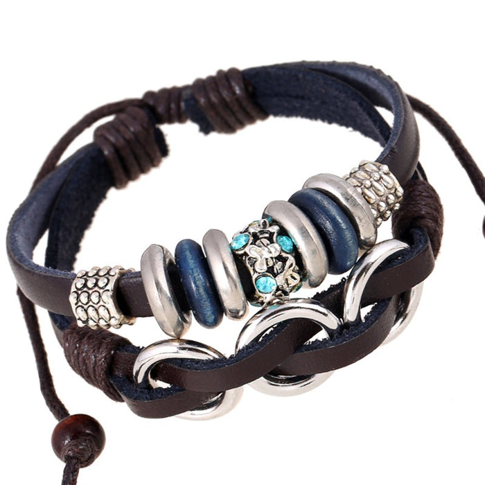 British Punk Genuine Leather Beaded Bracelet, Unisex European American Fashion Wristband