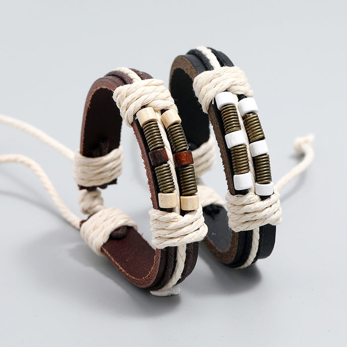 Handmade Braided Cowhide Leather Bracelet, Vintage Unisex Couple Wristband Accessory