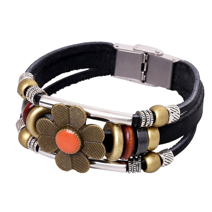 Vintage Genuine Leather Beaded Bracelet With Sunflower Alloy Charm For Men And Women