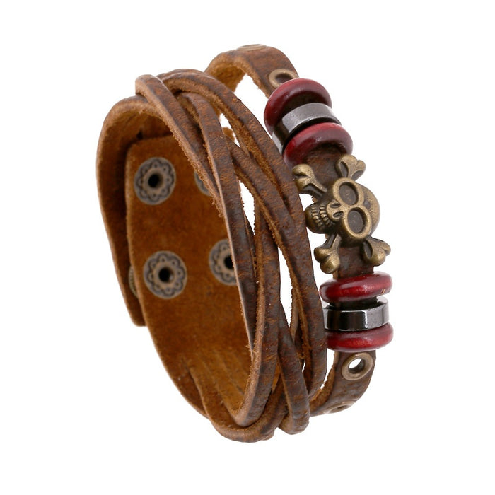 Top Layer Pebbled Cowhide Leather Braided Skull Bracelet Vintage Genuine Leather