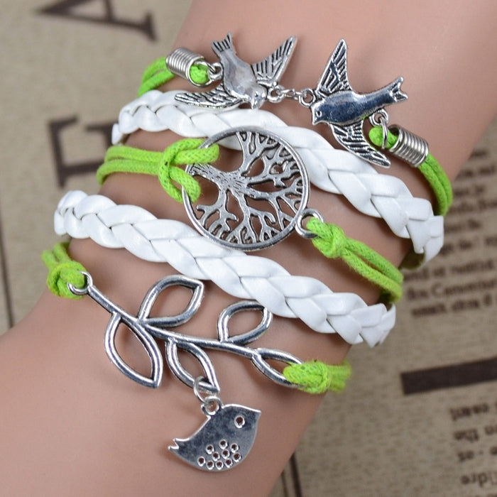 Antique Silver Tree Lovebirds Handmade Braided Bracelet European Fashion Jewelry