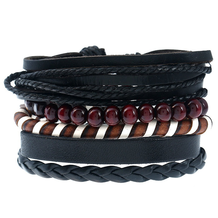 European American Vintage Braided Cowhide Leather Bracelet Set For Men Jewelry