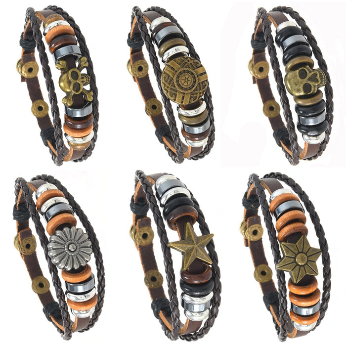 Vintage Braided Cowhide Leather Bracelet Adjustable Multi Layer Beaded Unisex Fashion Jewelry