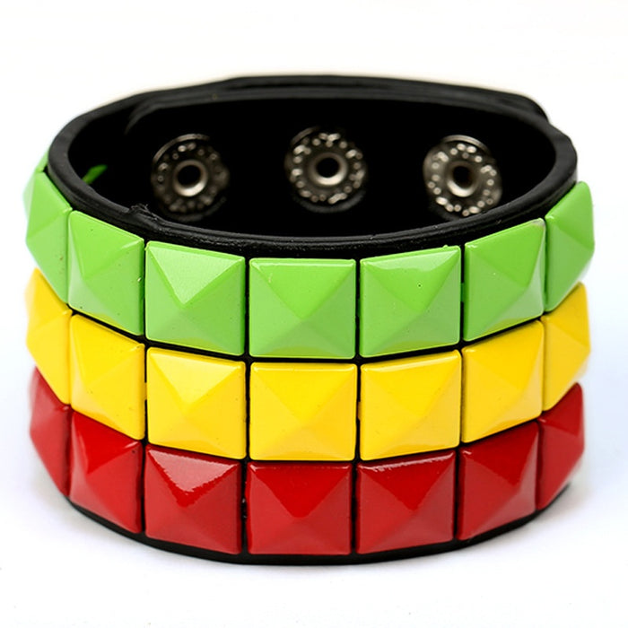Men's Punk PU Leather Wide Bracelet With Multicolor Square Studs, Riding Bar Fashion Accessory