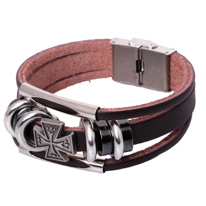 Punk Cross Genuine Leather Beaded Bracelet With Watchband Buckle For Women