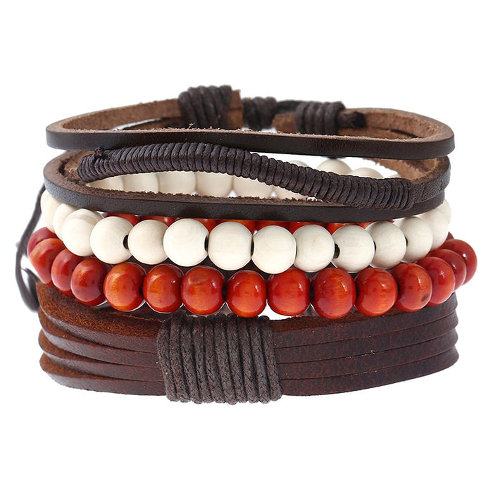 European American Vintage DIY Braided Cowhide Leather Hemp Rope Punk Bracelet Set For Men