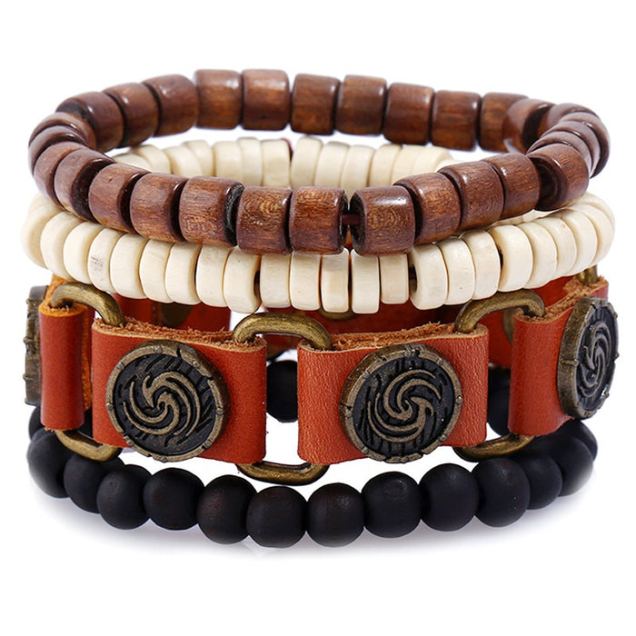 Vintage DIY Wood Bead Alloy Cowhide Leather Bracelet Set For Men's Jewelry