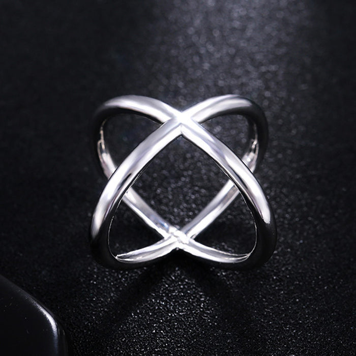 Silver Tone Sculptural Crossing Open Ring Polished Metal Jewelry