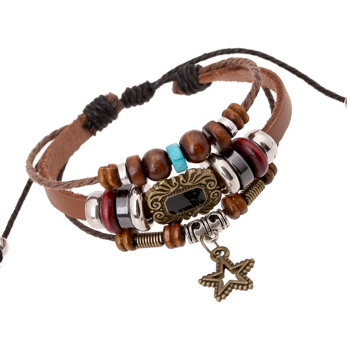 Punk Style Beaded Cowhide Leather Braided Bracelet With Five Point Star Pendant