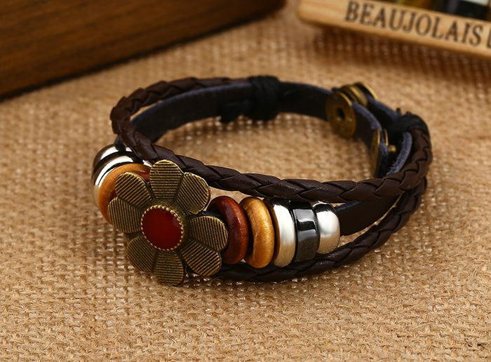 Small Flower Multicolor Handmade Genuine Leather Bracelet Korean Japanese Punk Cowhide Bracelet