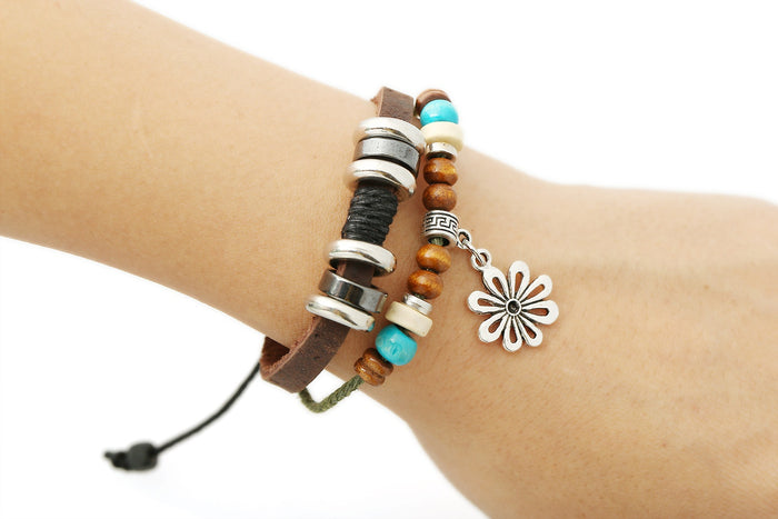 Fashion Alloy Small Flower Beaded Genuine Cowhide Leather Bracelet For Women, Korean Style Jewelry