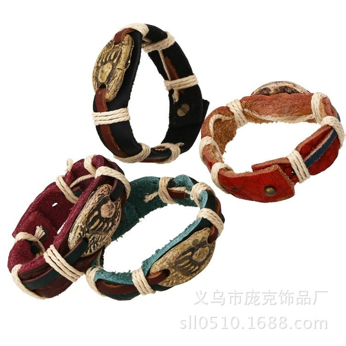 Punk Polymer Clay Bear Paw Genuine Cowhide Leather Bracelet, Mixed Color Direct Jewelry