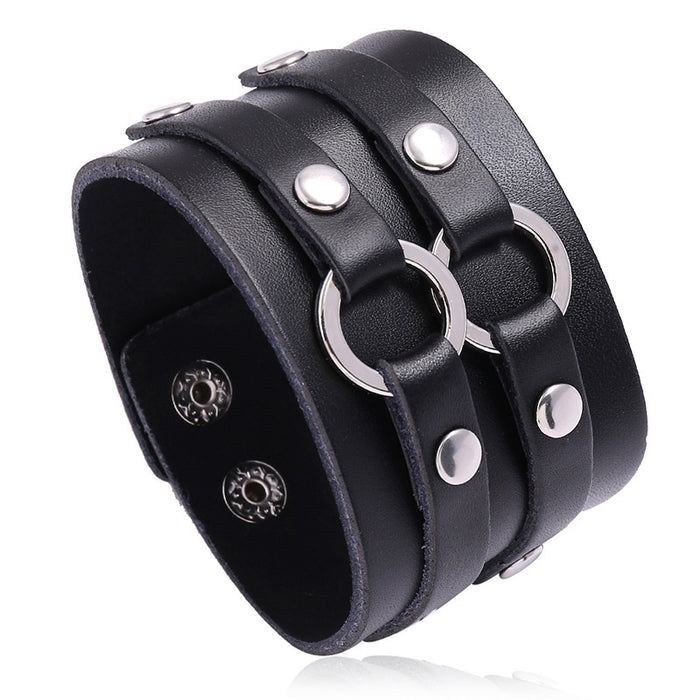 Punk Double Wrap Cowhide Leather Bracelet, Men's Wide Leather Wristband Cross Border Accessory