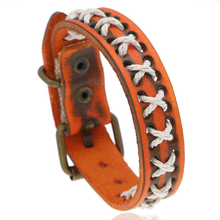 European American Vintage Braided Cowhide Leather Bracelet For Men Simple Leather Wristband